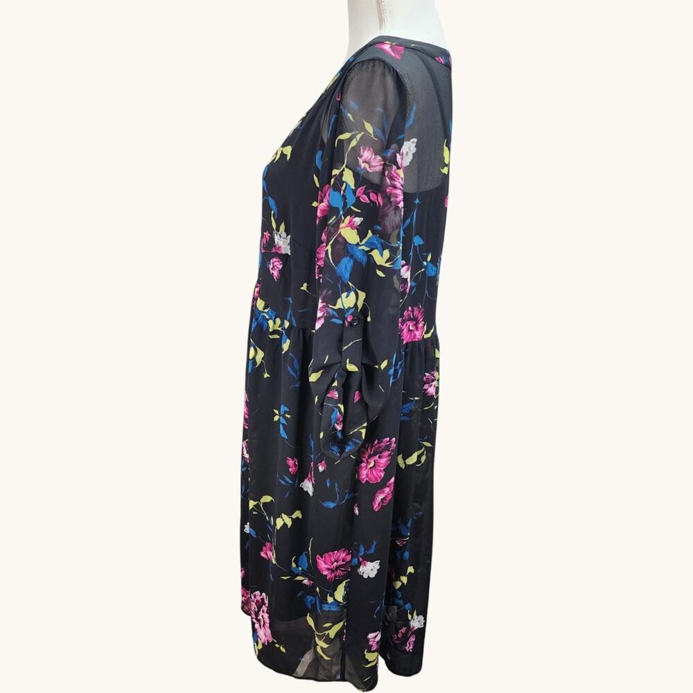 Torrid Midi Dress Women 10 Floral Black Lined Chiffon 3/4 Sleeve Church Office - Picture 4 of 16